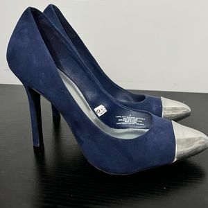 Navy blue suede high heel pumps with silver pointed toe